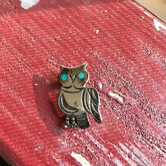 Vintage Turquoise Owl Sterling Silver Pin Native American Trading Post Jewelry - Picture 3 of 4